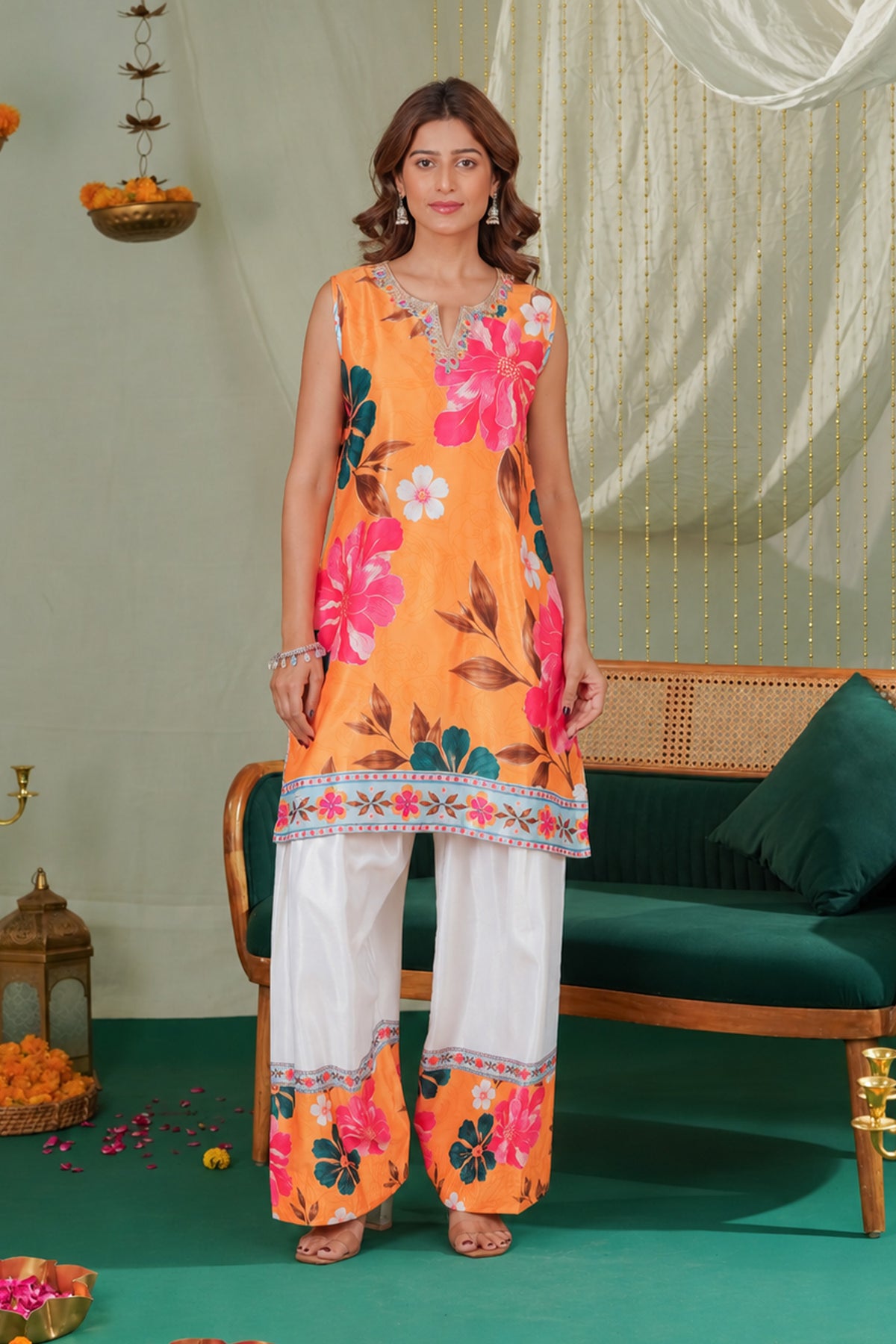 Floral Printed Cupro Silk Farsi Kurta Set in Mustard Yellow