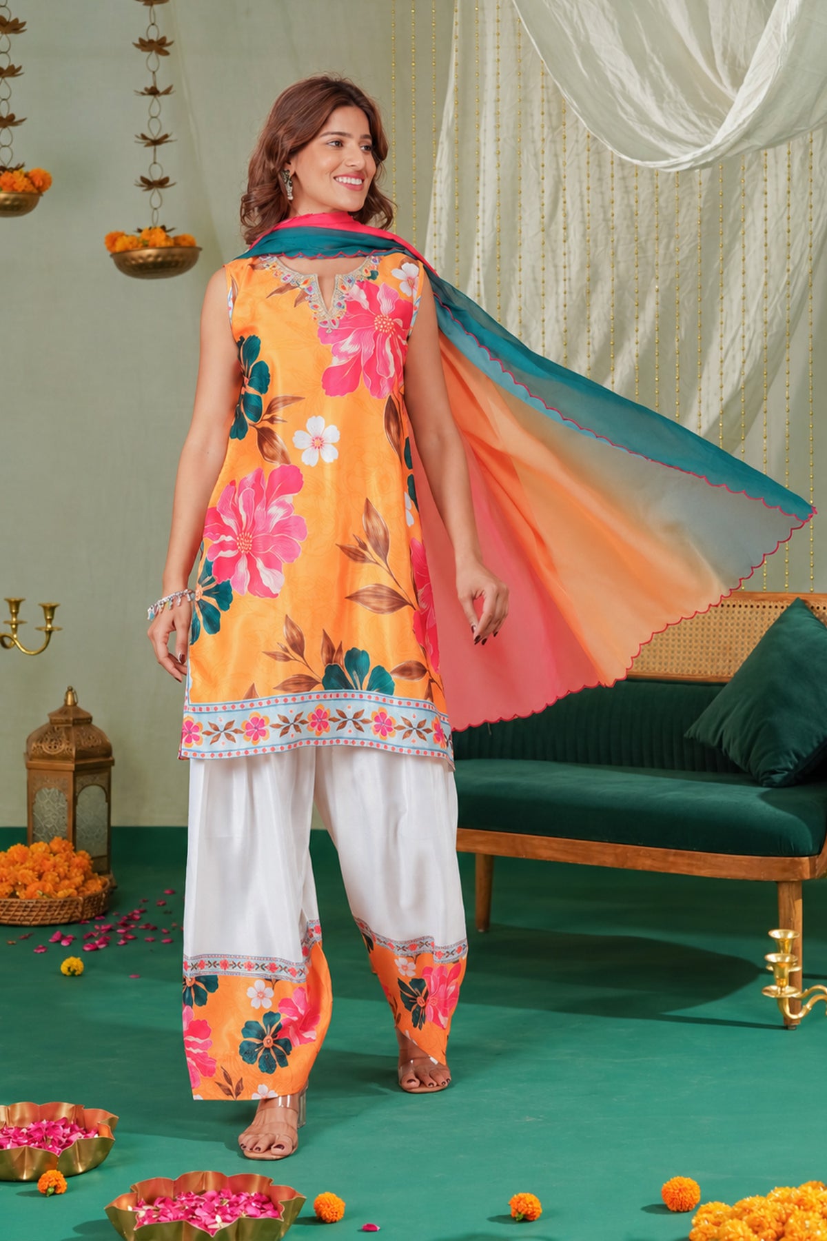Floral Printed Cupro Silk Farsi Kurta Set in Mustard Yellow