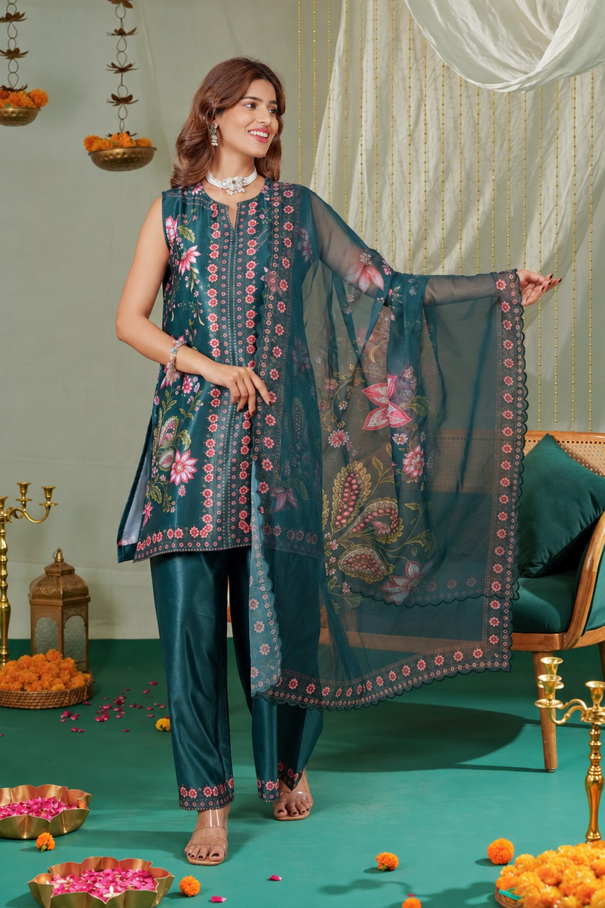Printed Organza Dupatta in Deep Green