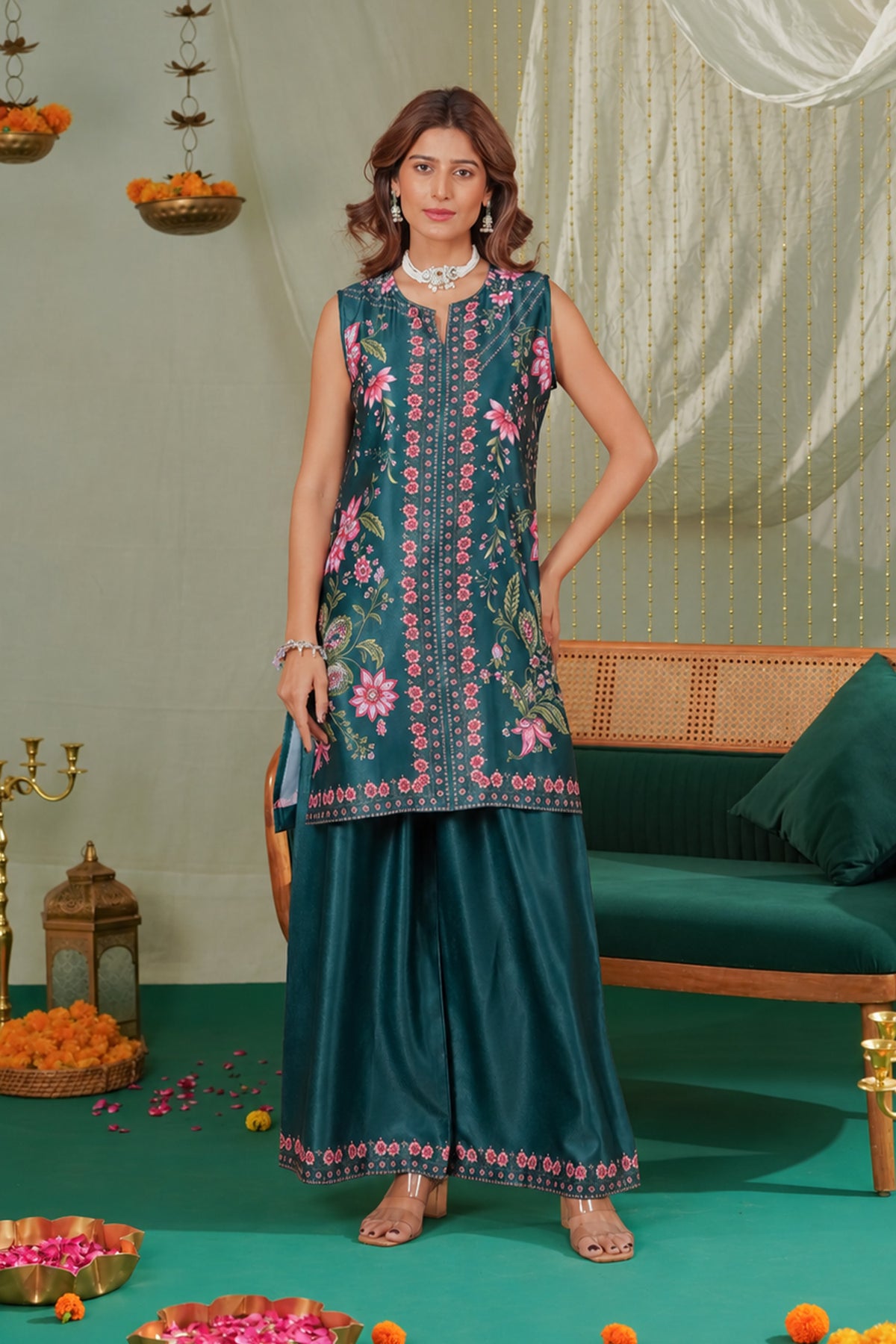 Printed Organza Dupatta in Deep Green
