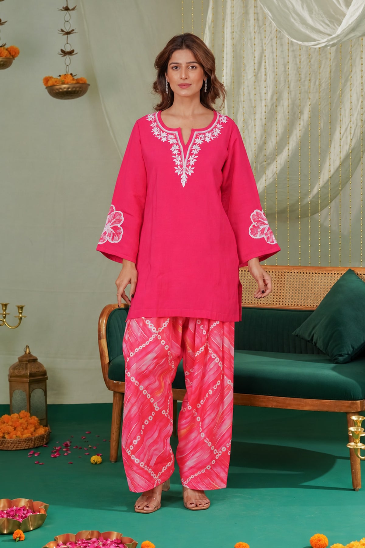 Embroidered Mul Chanderi Printed Farsi Kurta Set in Vibrant Pink
