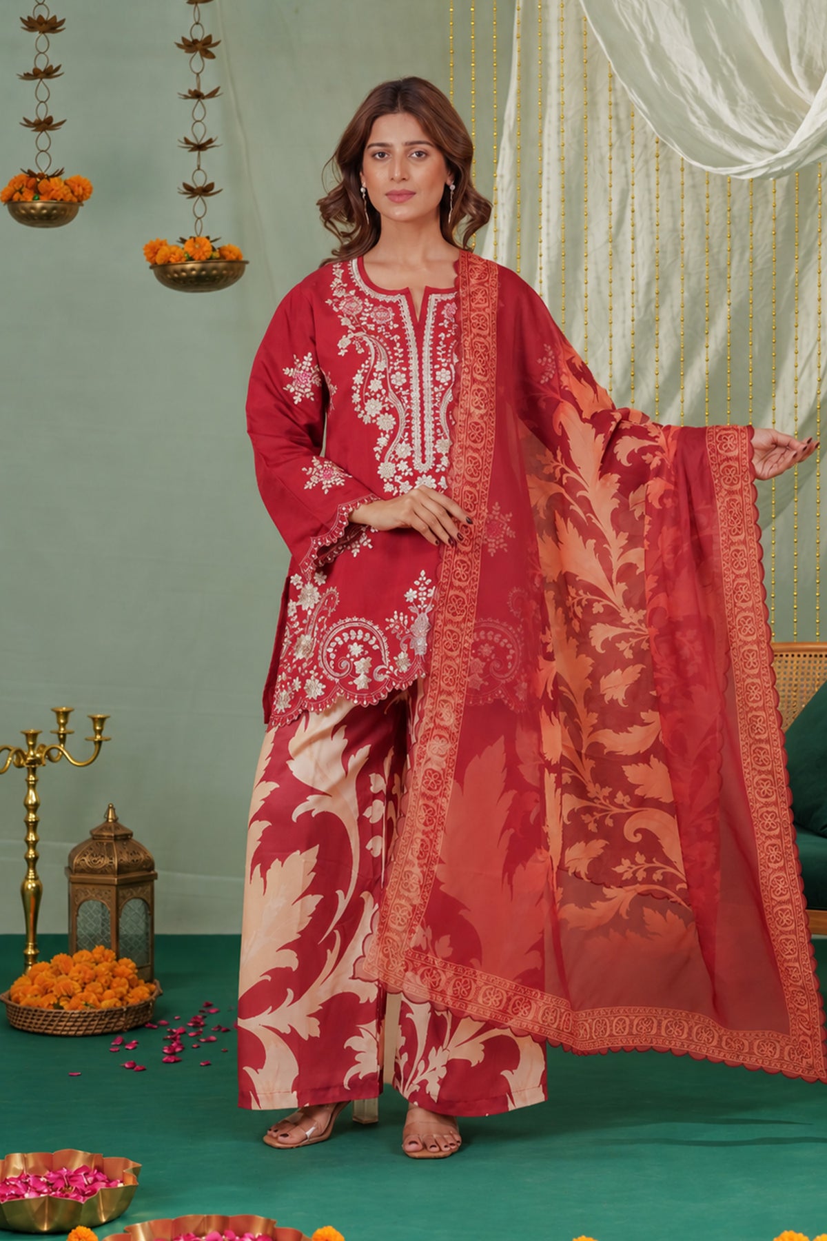 Printed Organza Dupatta in Deep Wine