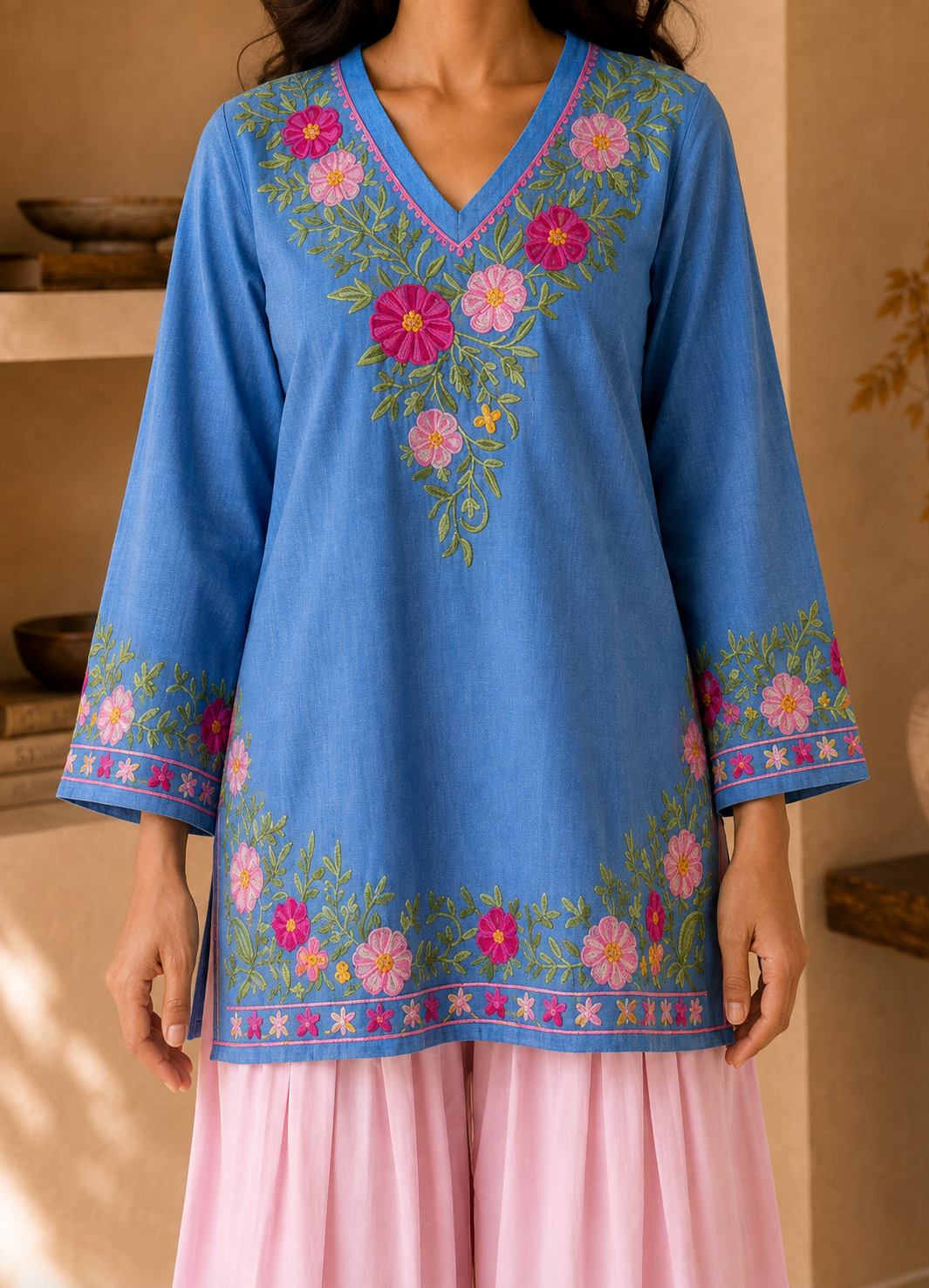 Juhee singh In Kashmiri Aari Denim Short Kurta V-Neck - Blue