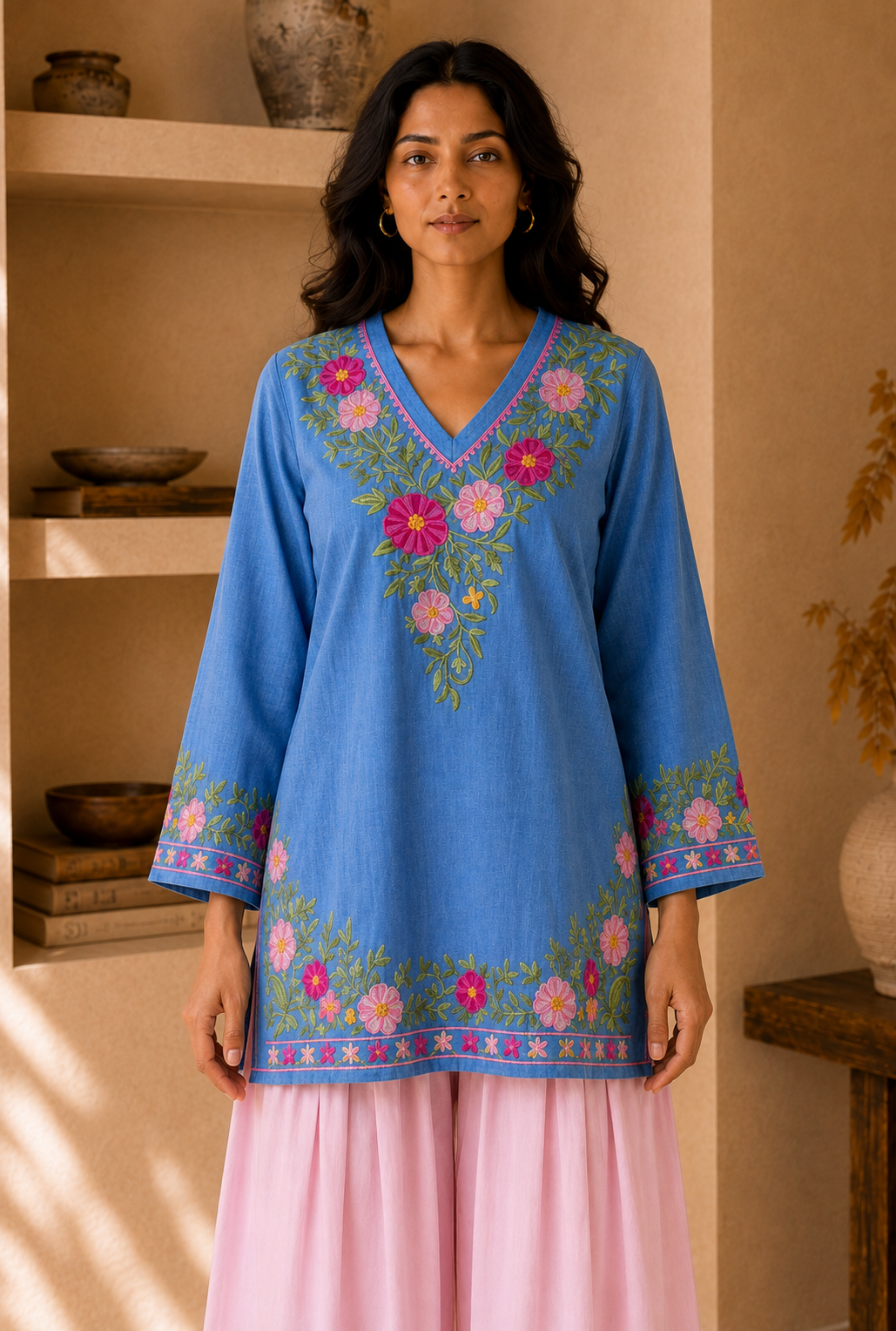 Juhee singh In Kashmiri Aari Denim Short Kurta V-Neck - Blue