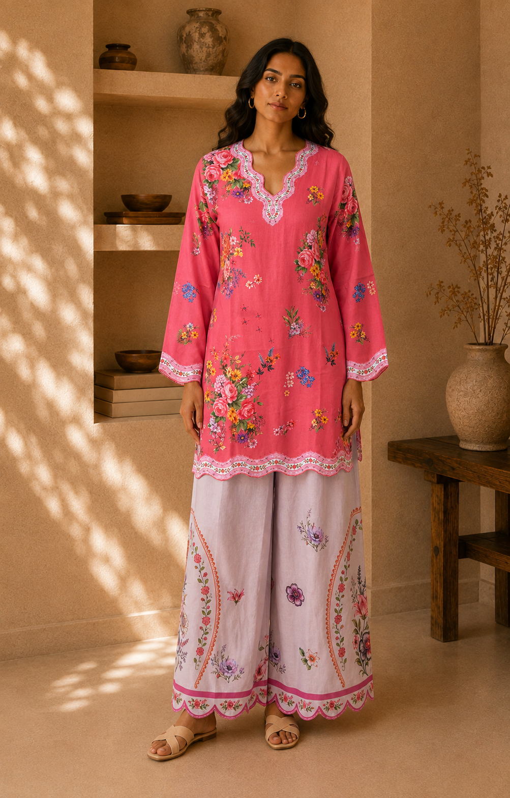 Lawn Cotton Printed Co-ord set - Pink with Multicolour