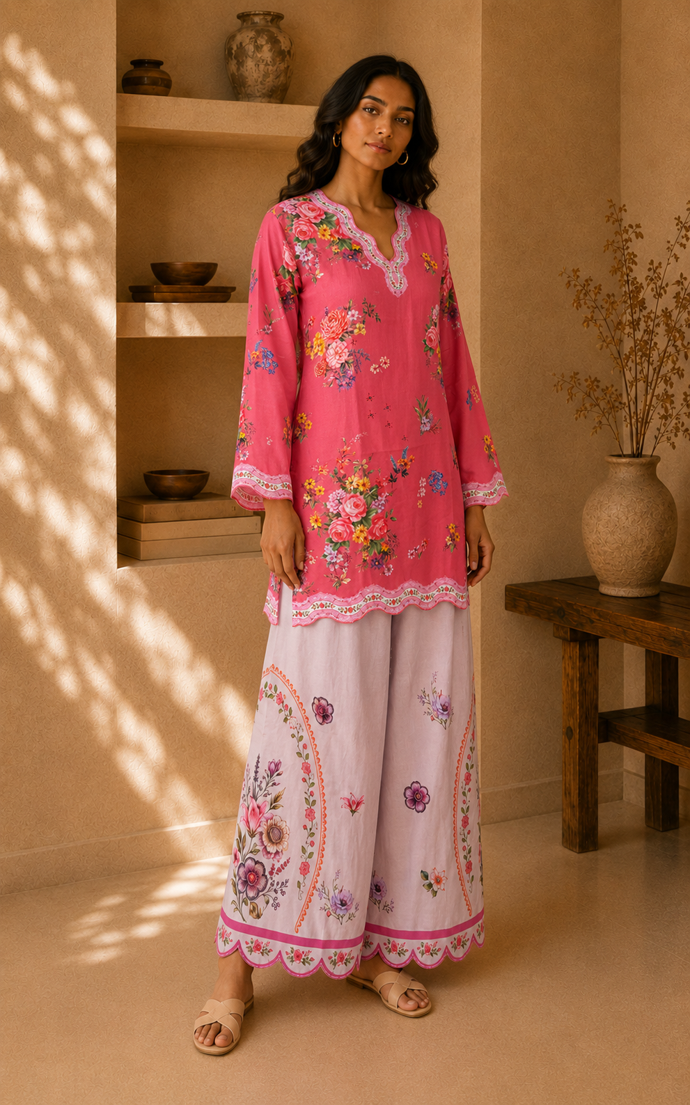 Lawn Cotton Printed Co-ord set - Pink with Multicolour