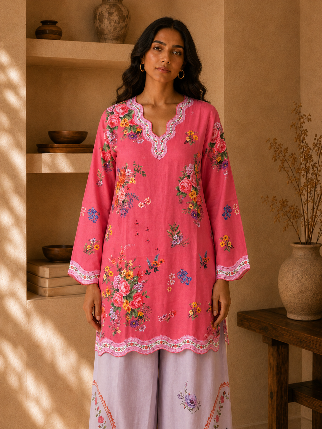 Lawn Cotton Printed Co-ord set - Pink with Multicolour