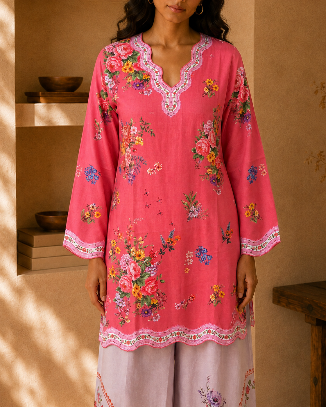 Lawn Cotton Printed Co-ord set - Pink with Multicolour