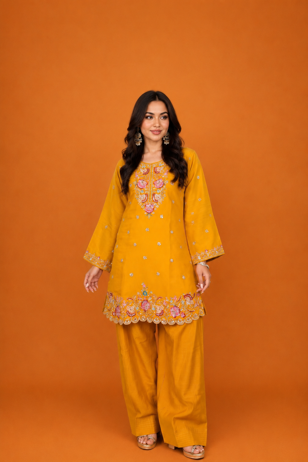 Mix Sequin Mul Chanderi Silk Embroidered Kurta Set - Mustard