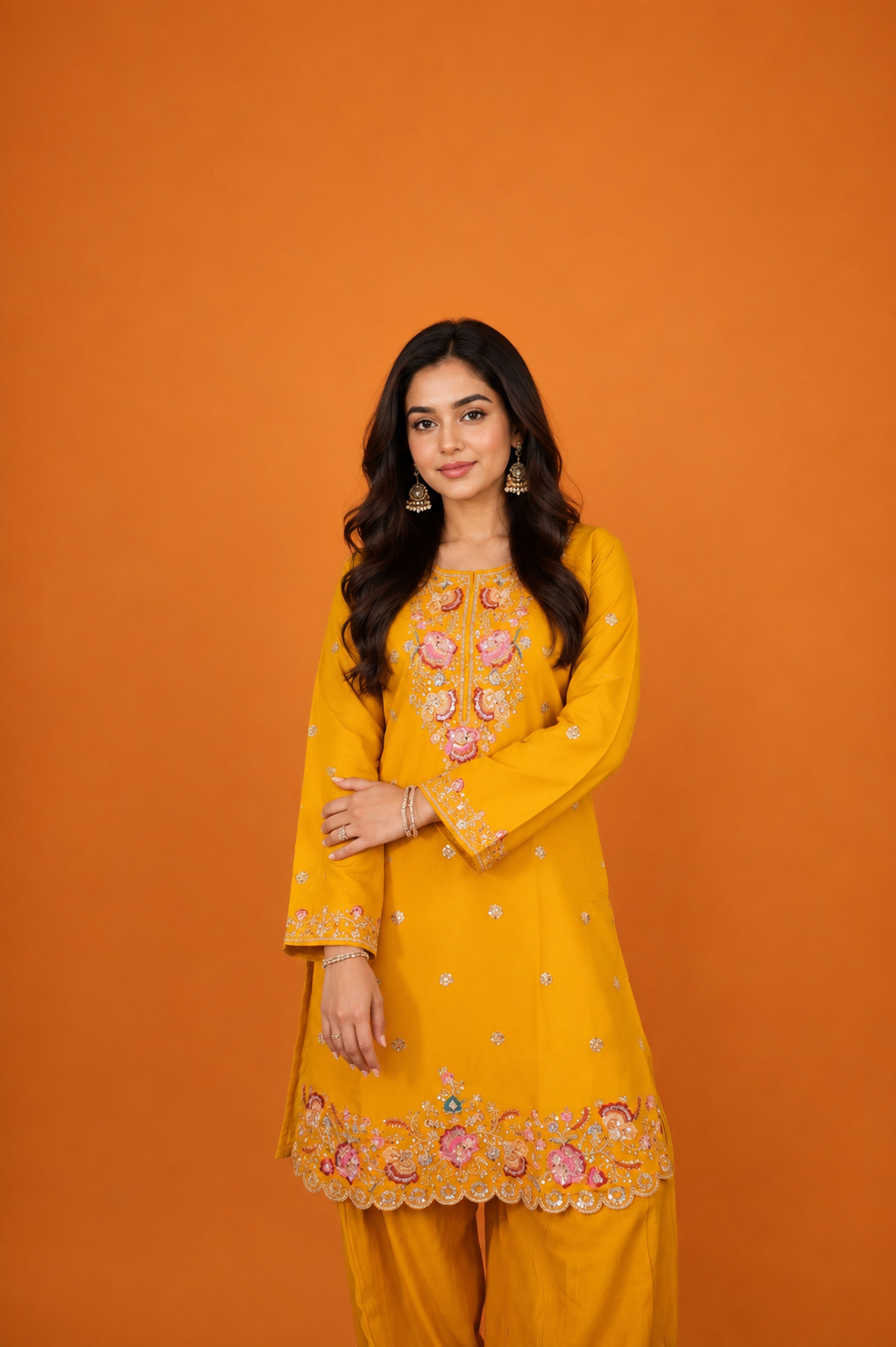 Mix Sequin Mul Chanderi Silk Embroidered Kurta Set - Mustard