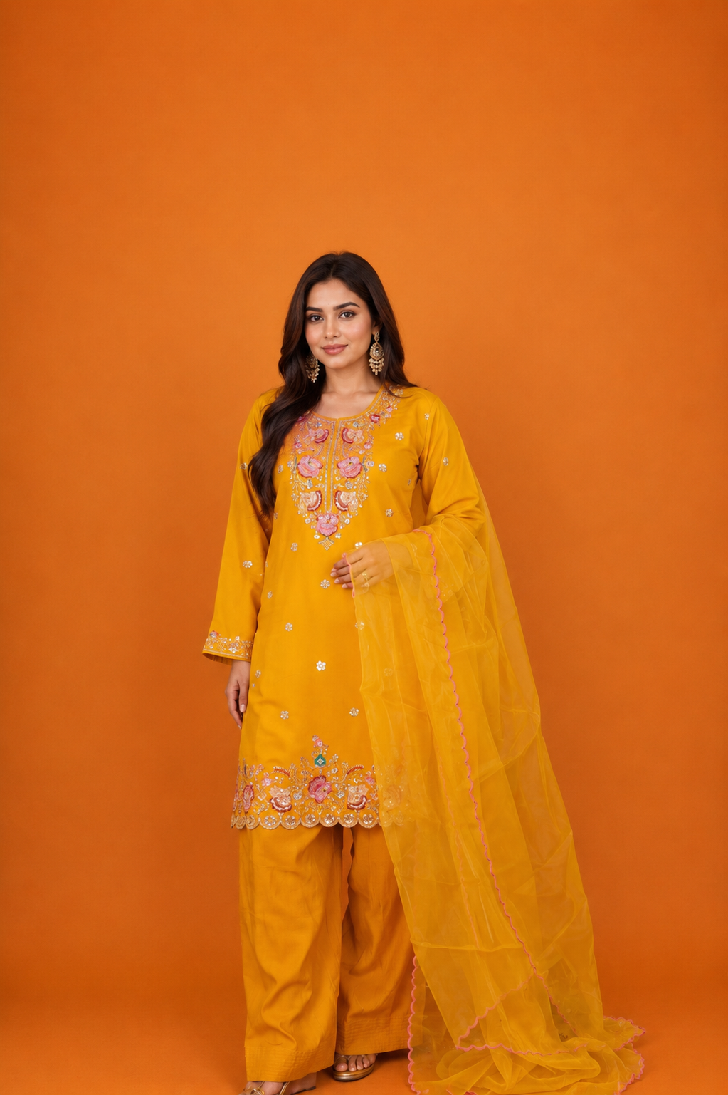 Mix Sequin Mul Chanderi Silk Embroidered Kurta Set - Mustard