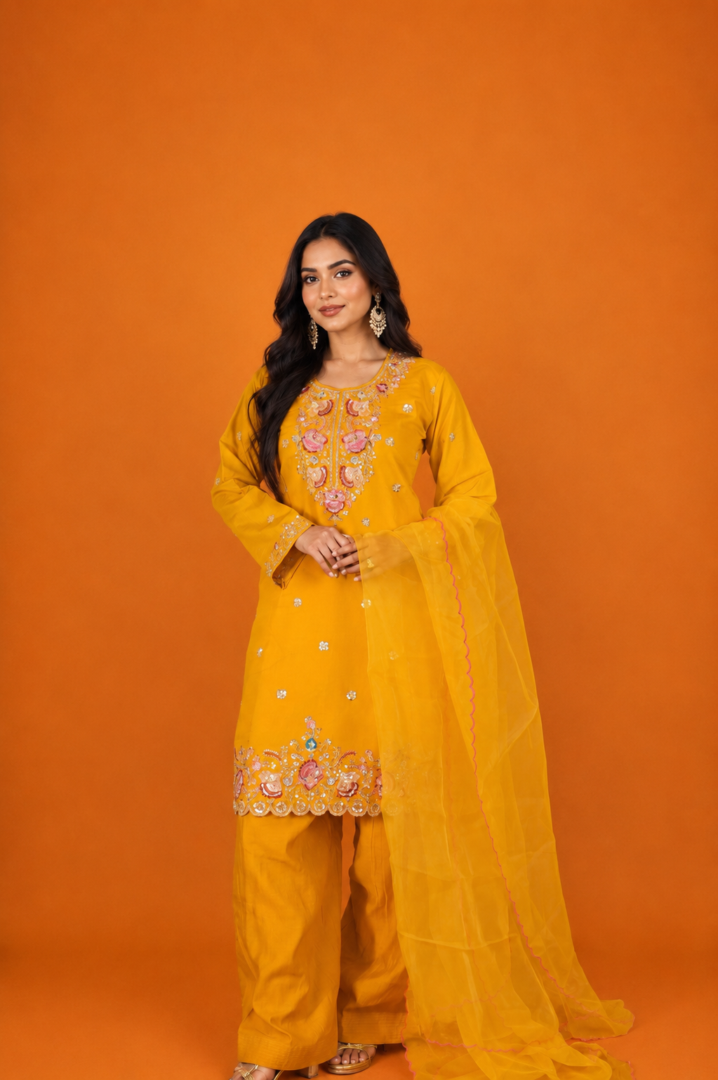 Printed Organza Dupatta in Mustard