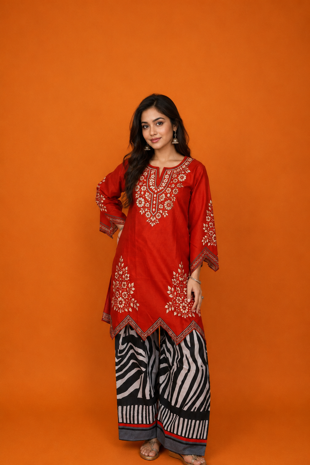 Lawn Cotton Printed Co-ord Set  Laser-Cut - Rust Red