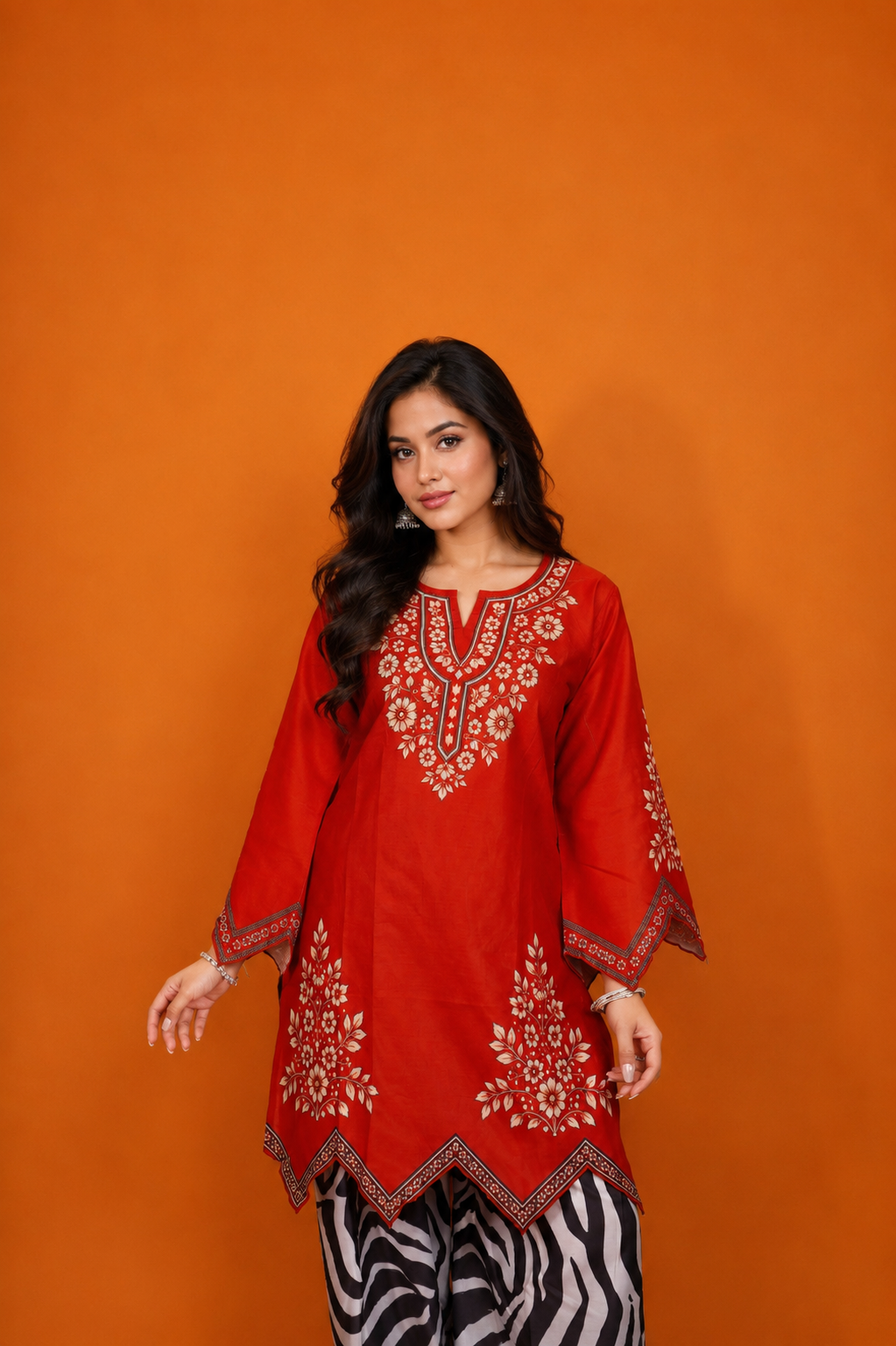 Lawn Cotton Printed Co-ord Set  Laser-Cut - Rust Red