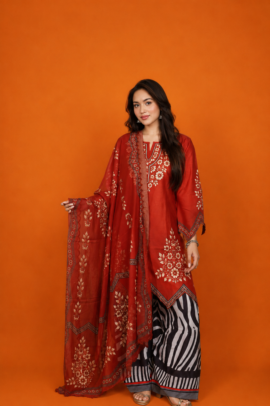 Printed Organza Dupatta in Rust Red