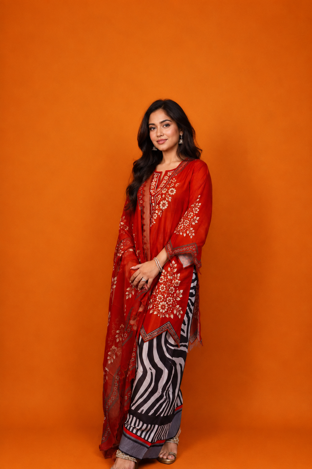 Lawn Cotton Printed Co-ord Set  Laser-Cut - Rust Red