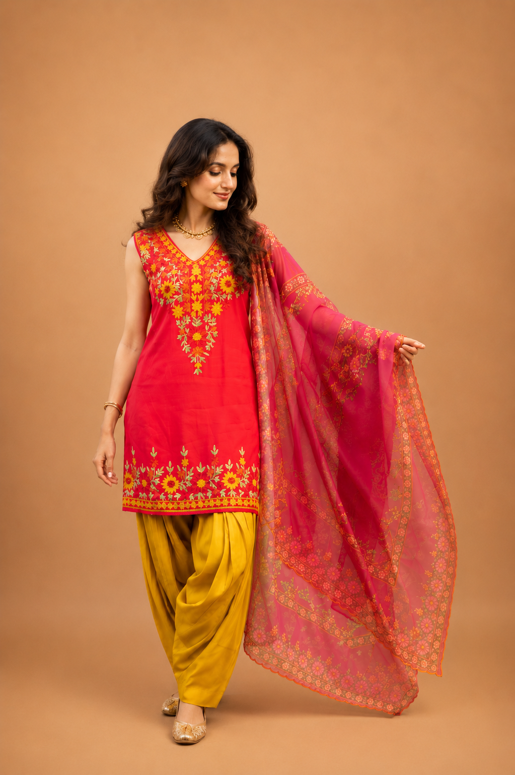 Mul Chanderi Silk  Kashmiri Aari Embroidered Kurta Set  - Pink With Mustard bottoms