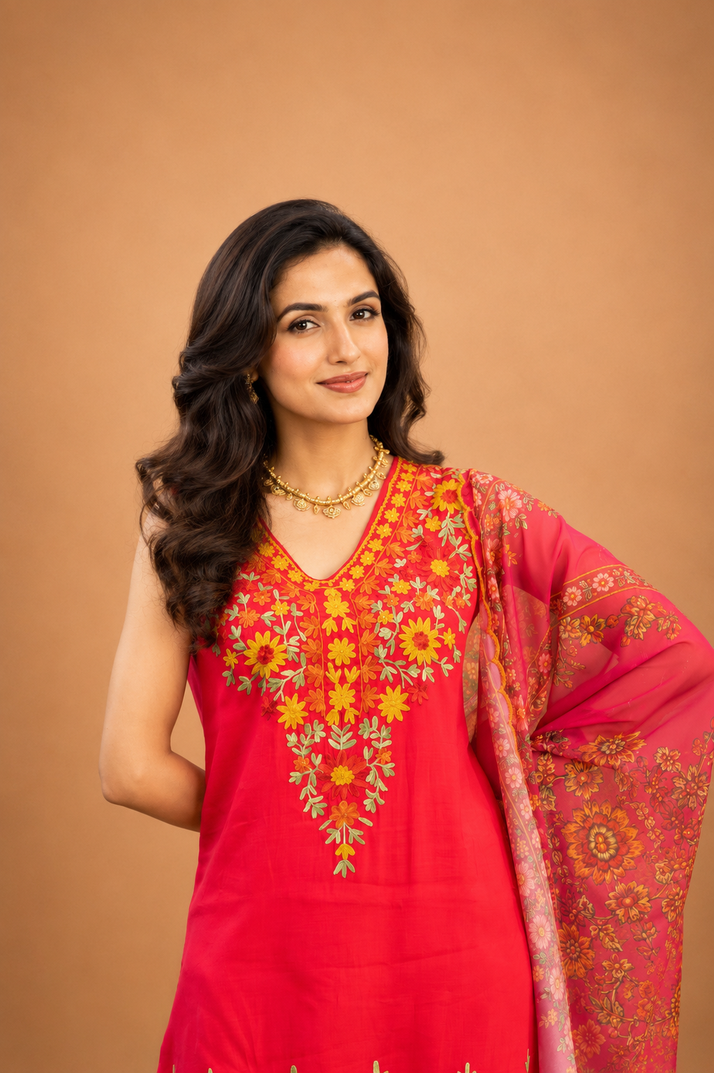 Mul Chanderi Silk  Kashmiri Aari Embroidered Kurta Set  - Pink With Mustard bottoms