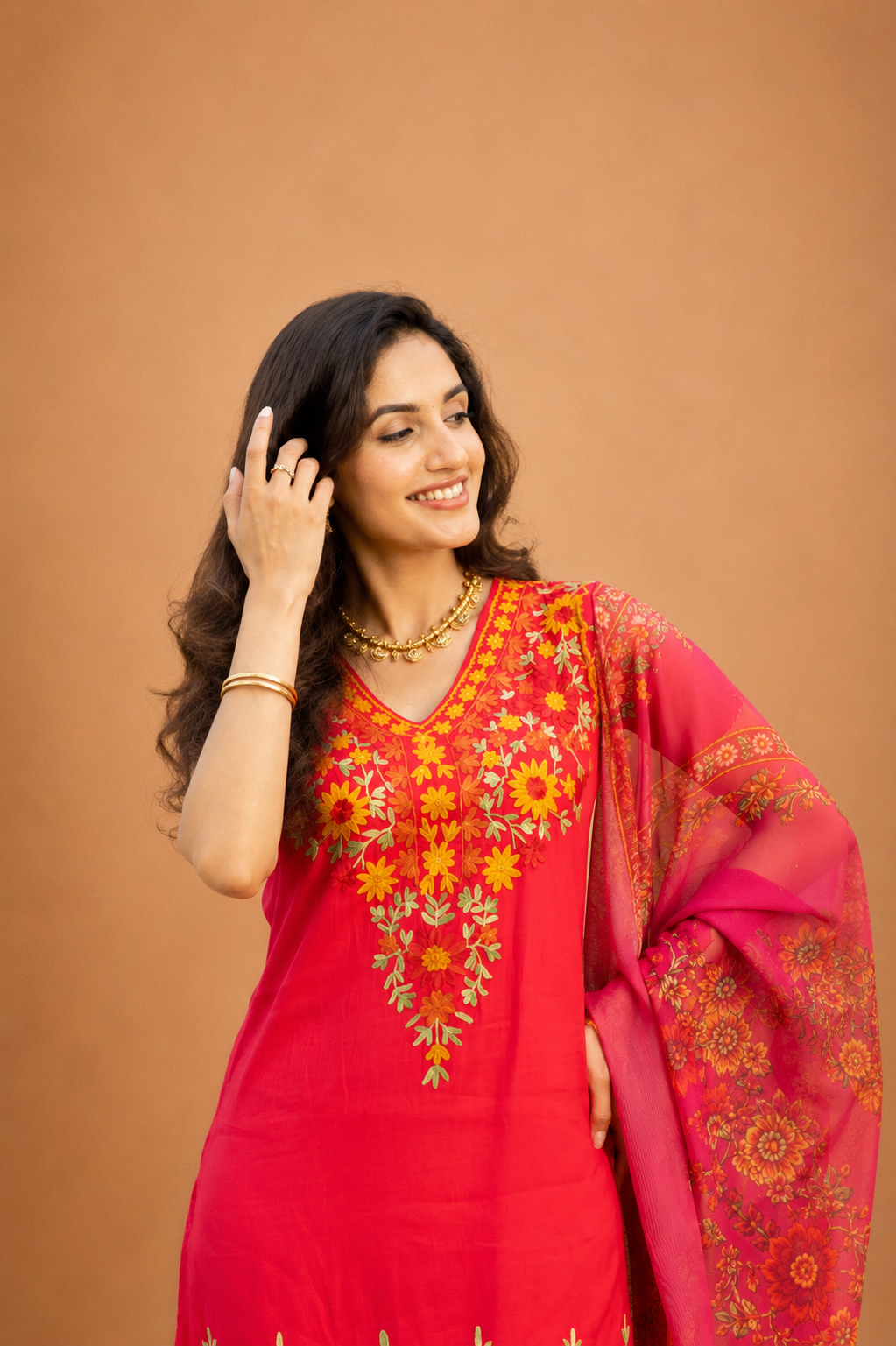 Mul Chanderi Silk  Kashmiri Aari Embroidered Kurta Set  - Pink With Mustard bottoms