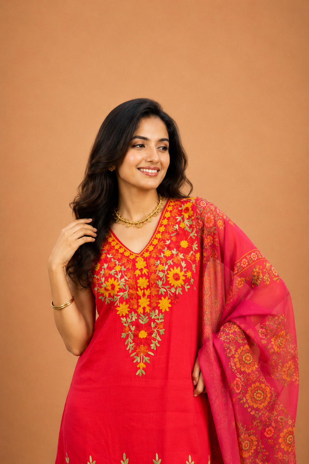 Mul Chanderi Silk  Kashmiri Aari Embroidered Kurta Set  - Pink With Mustard bottoms