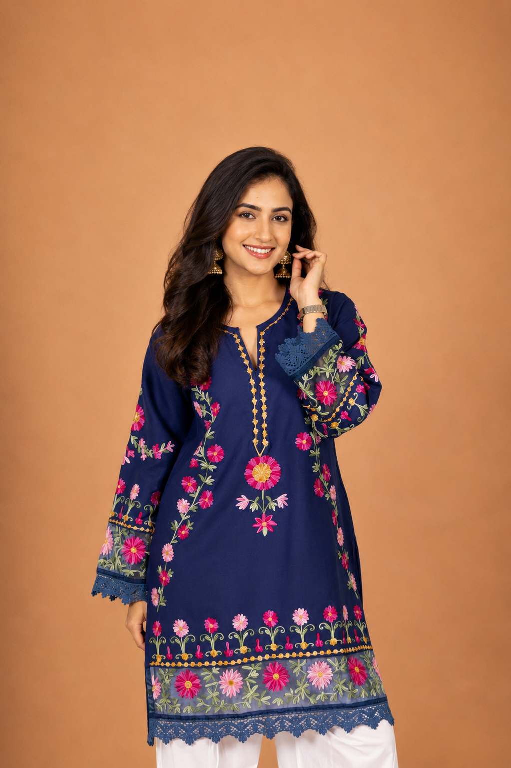 Kashmiri Aari Embroidered Kurta in Ruby Cotton - Navy Blue