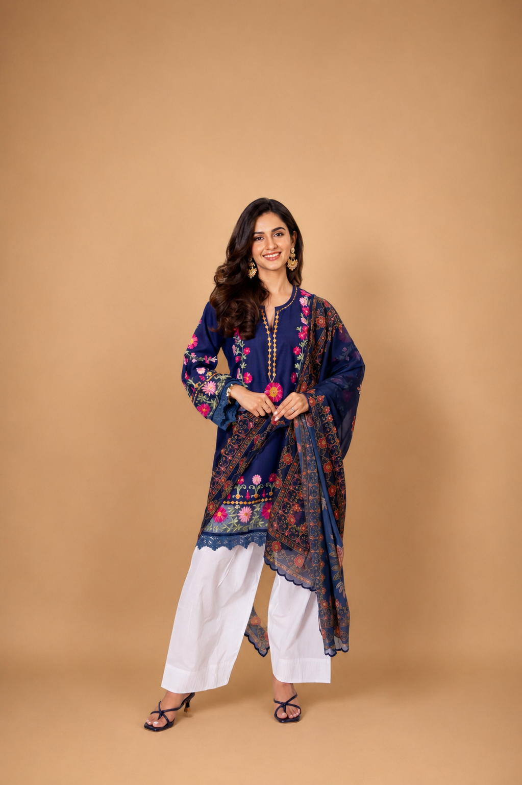 Kashmiri Aari Embroidered Kurta in Ruby Cotton - Navy Blue