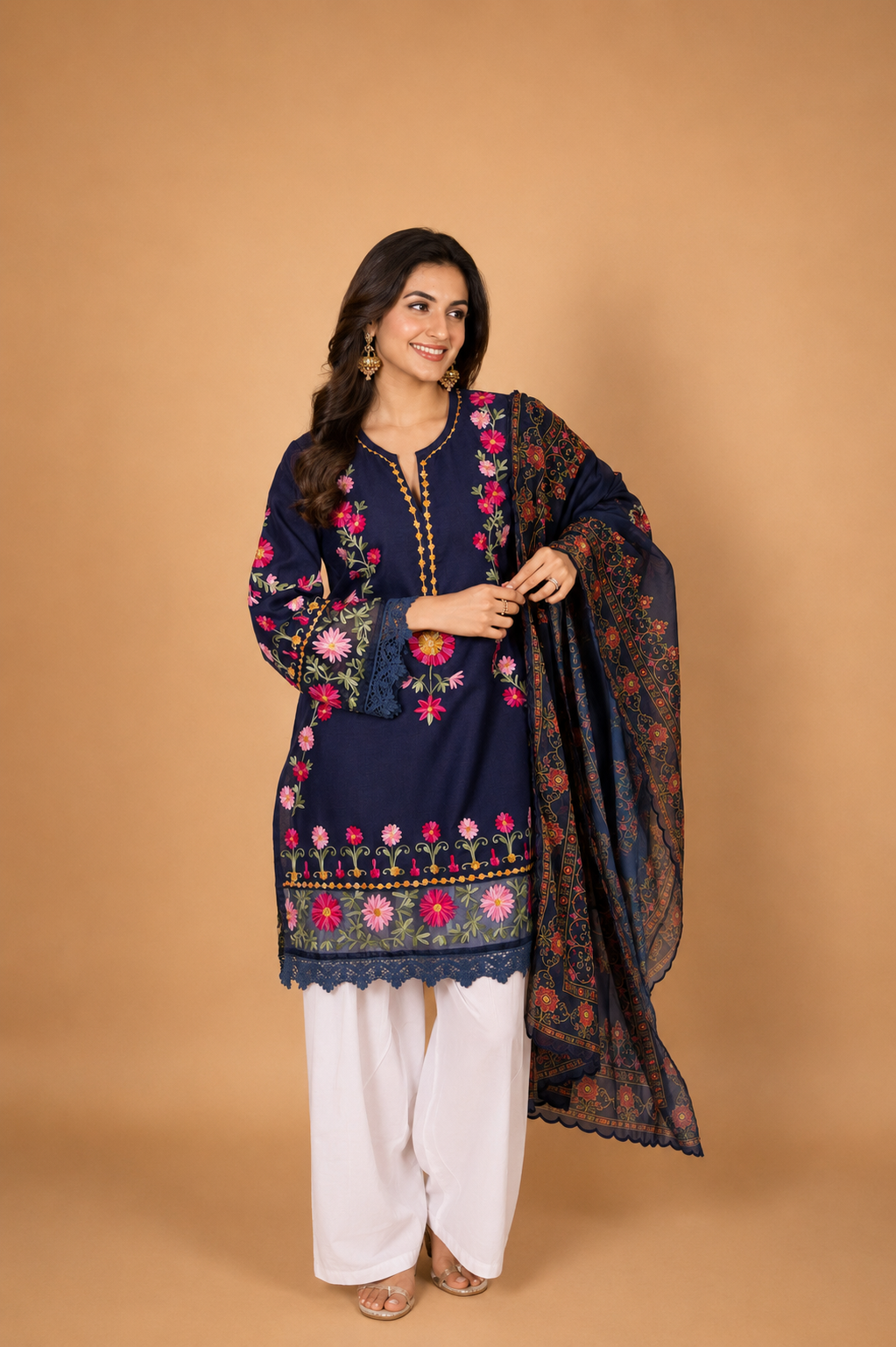 Kashmiri Aari Embroidered Kurta in Ruby Cotton - Navy Blue