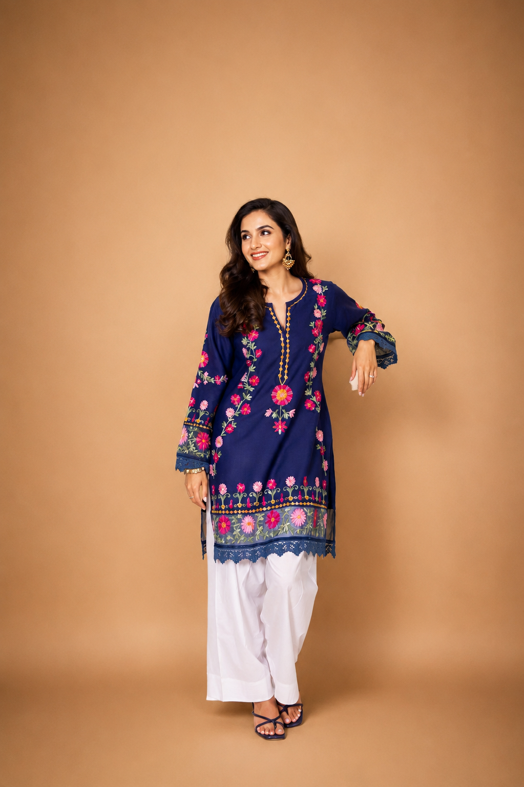 Kashmiri Aari Embroidered Kurta in Ruby Cotton - Navy Blue