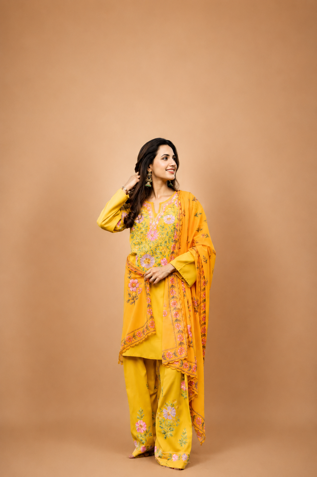 Kashmiri  Aari Embroidered Kurta Set in Ruby Cotton - Mustard
