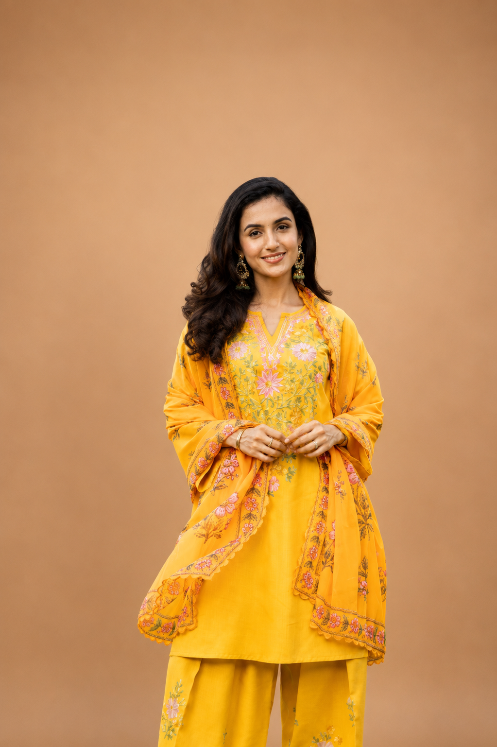 Kashmiri  Aari Embroidered Kurta Set in Ruby Cotton - Mustard
