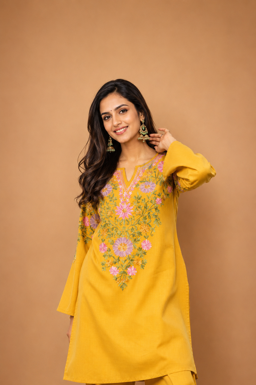 Kashmiri  Aari Embroidered Kurta Set in Ruby Cotton - Mustard