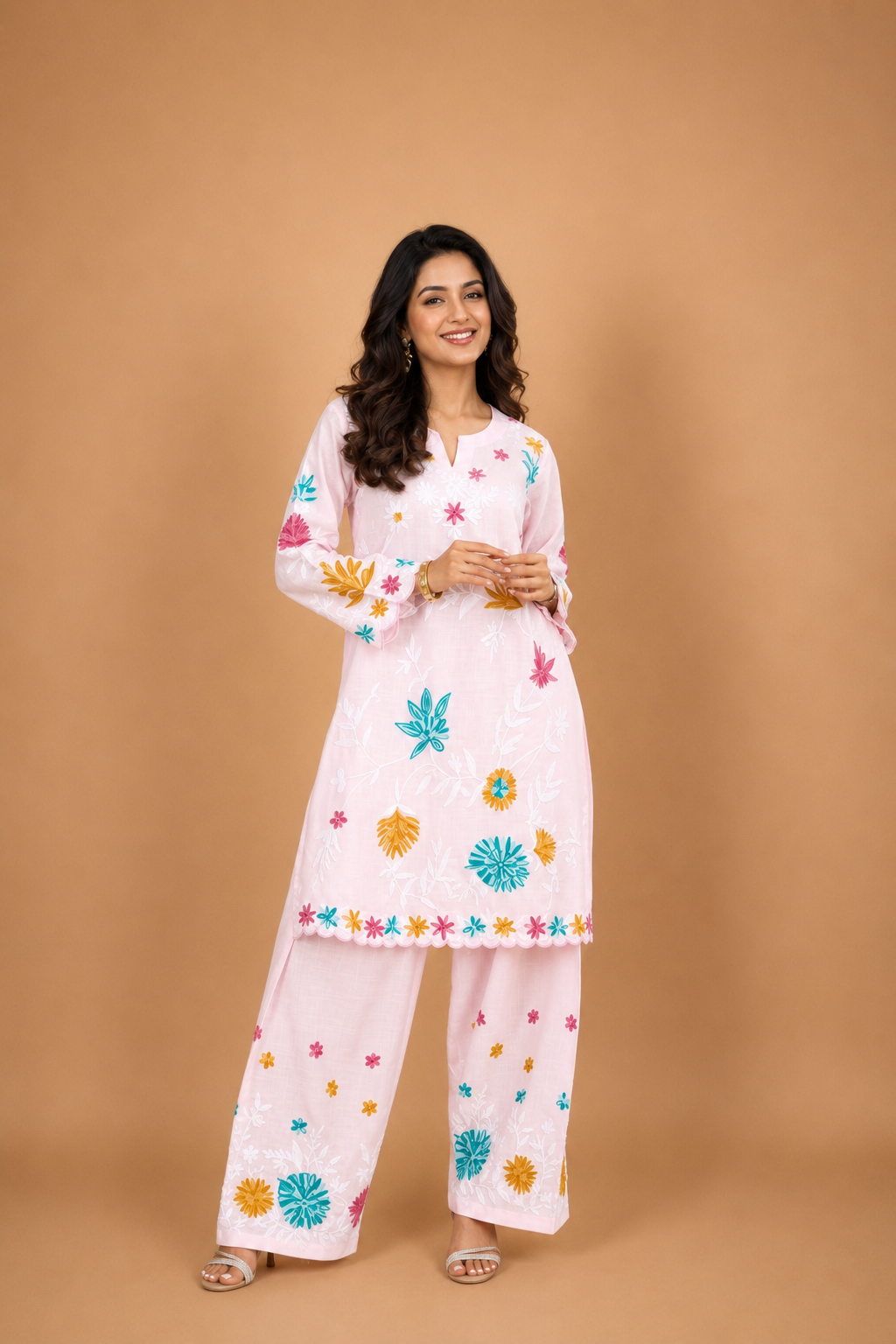 Kashmiri  Aari Embroidered Kurta Set in Ruby Cotton - Powder Pink