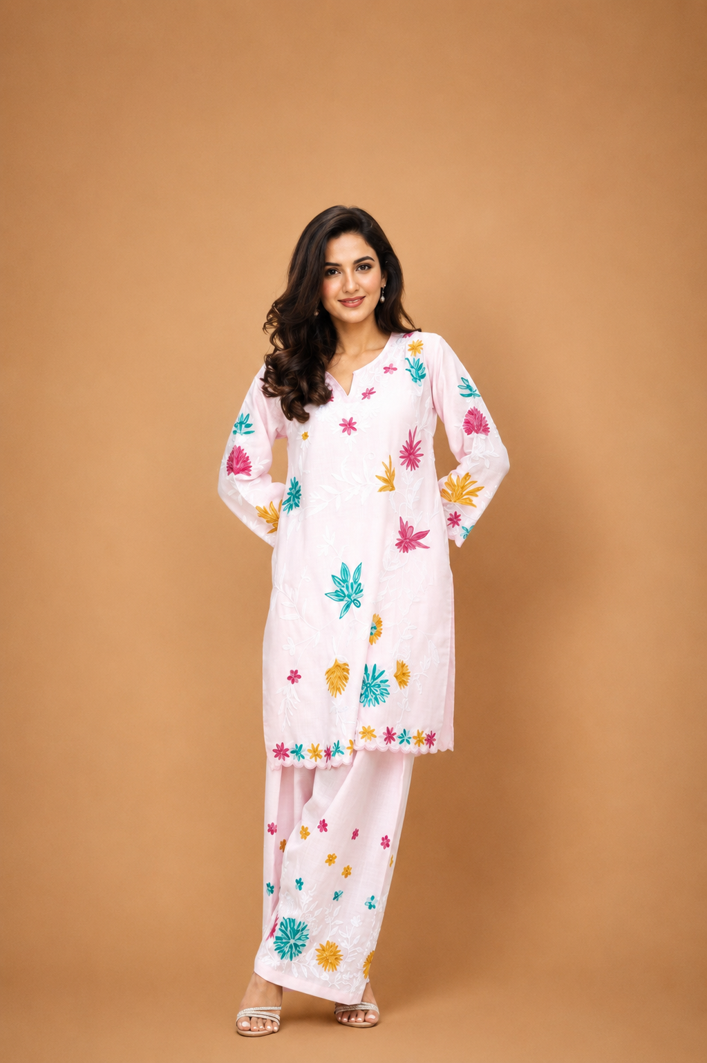 Kashmiri  Aari Embroidered Kurta Set in Ruby Cotton - Powder Pink