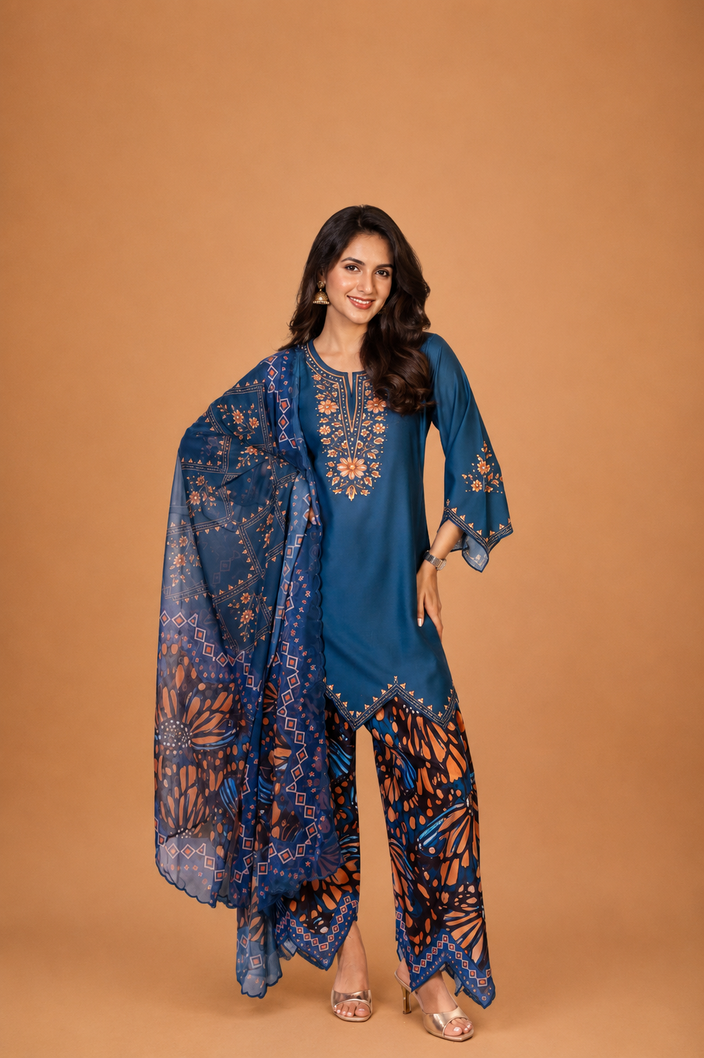 Printed Organza Dupatta in Teal Blue