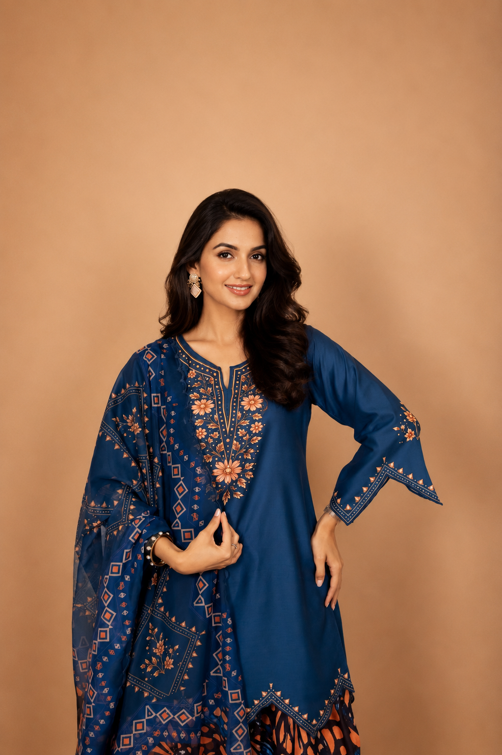 Lawn Cotton Printed Co-ord Set  Laser-Cut - Teal Blue