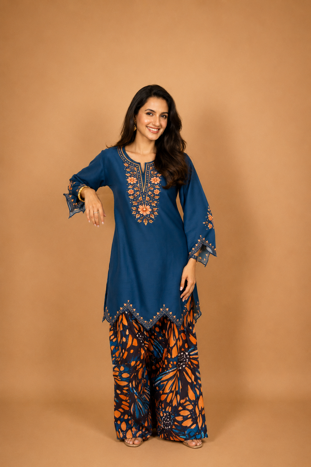 Lawn Cotton Printed Co-ord Set  Laser-Cut - Teal Blue