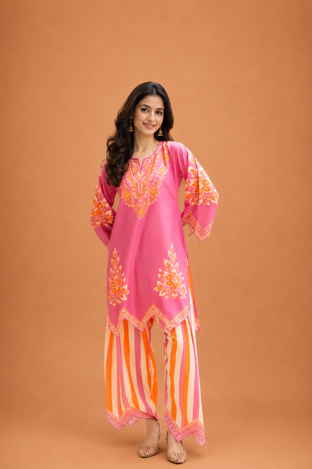 Lawn Cotton Printed Co-ord Set  Laser-Cut - Pink