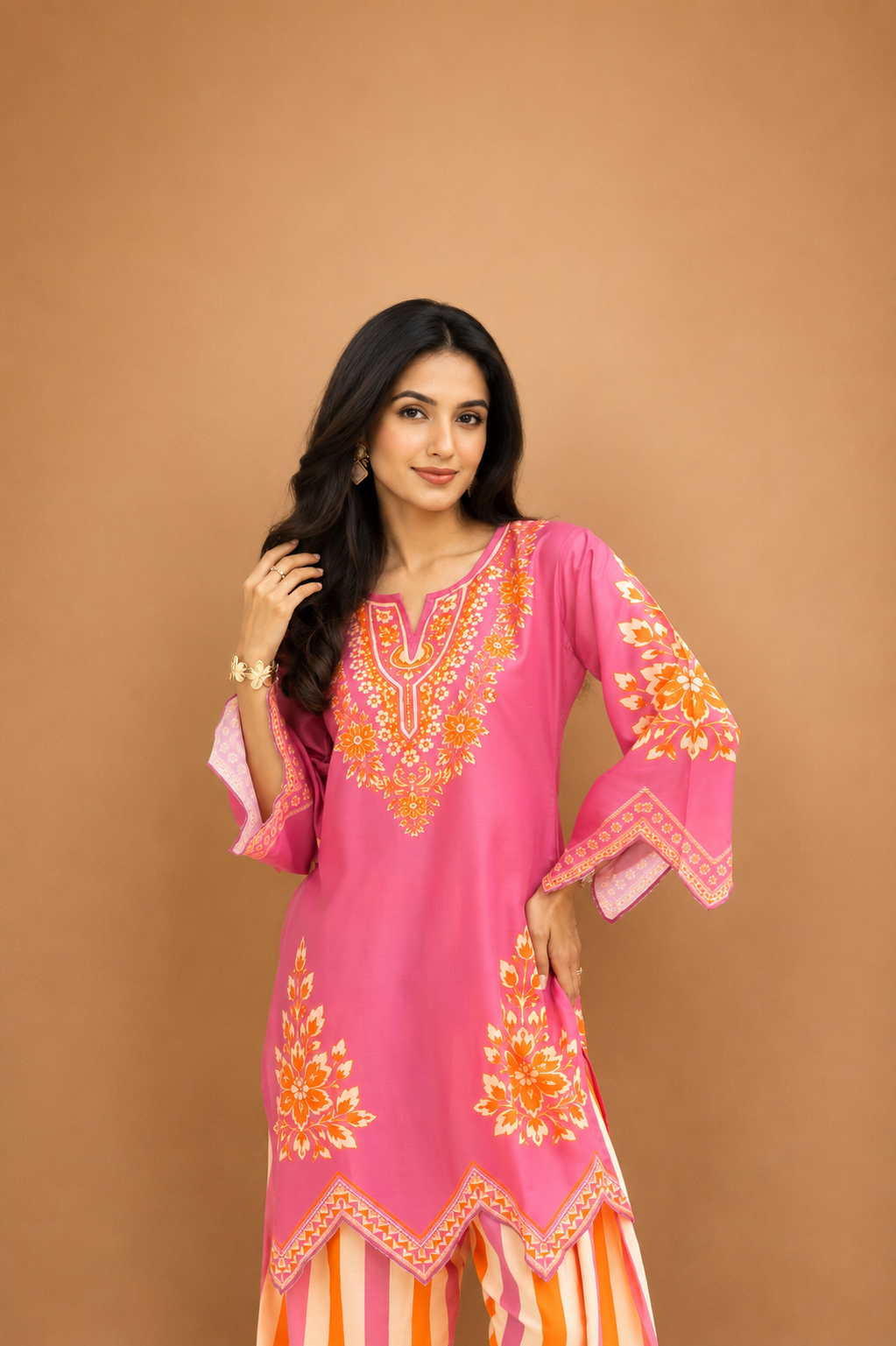 Lawn Cotton Printed Co-ord Set  Laser-Cut - Pink