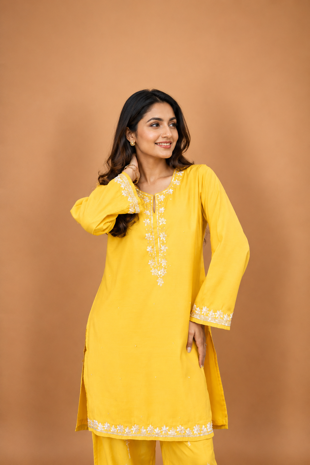 Pure Sequin Mul Chanderi Silk Embroidered Kurta Set - Yellow