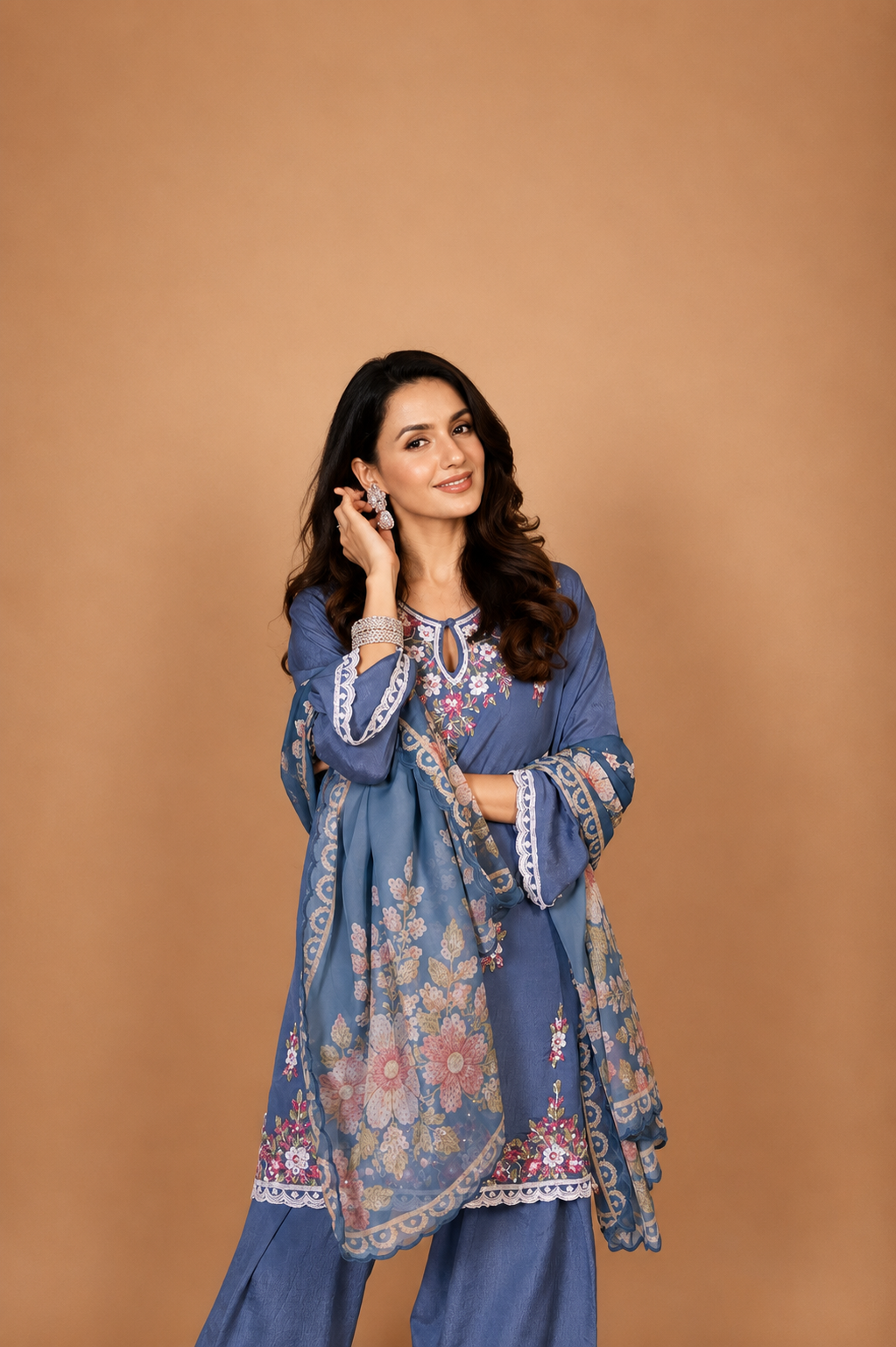 Pure Sequin Chinnon Chiffon Embroidered Kurta Set - Blue