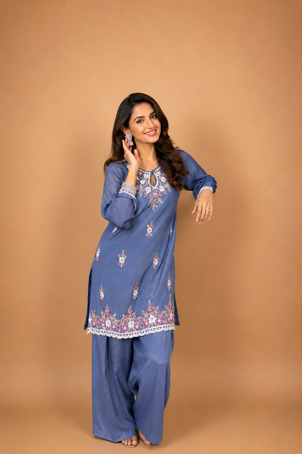 Pure Sequin Chinnon Chiffon Embroidered Kurta Set - Blue