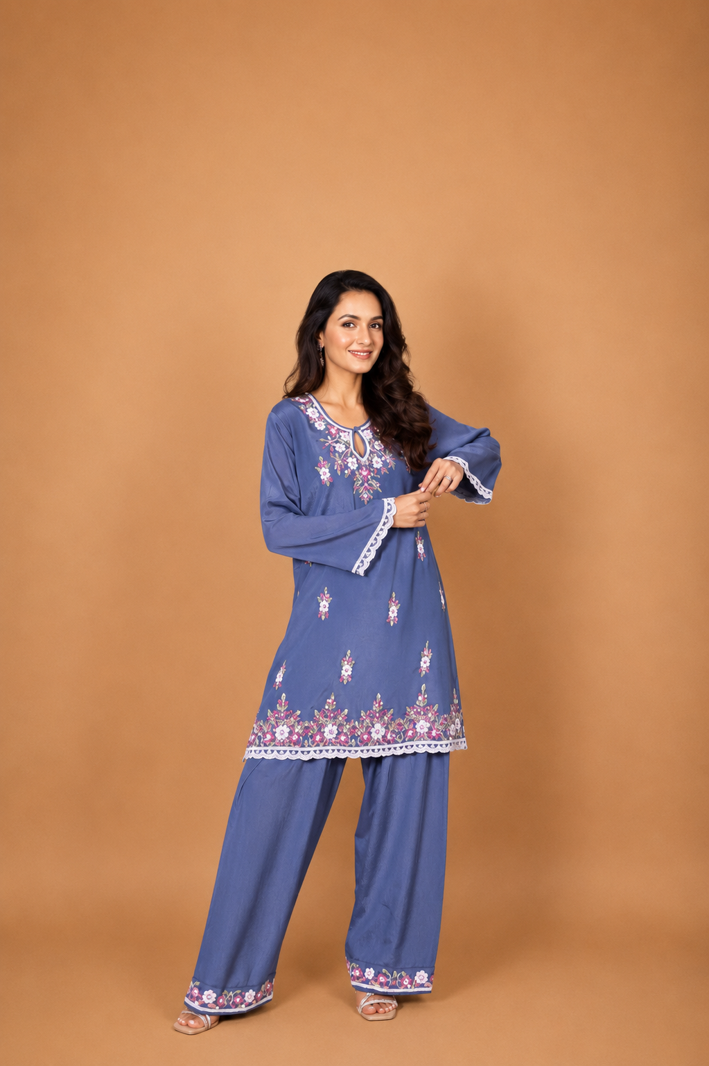 Pure Sequin Chinnon Chiffon Embroidered Kurta Set - Blue