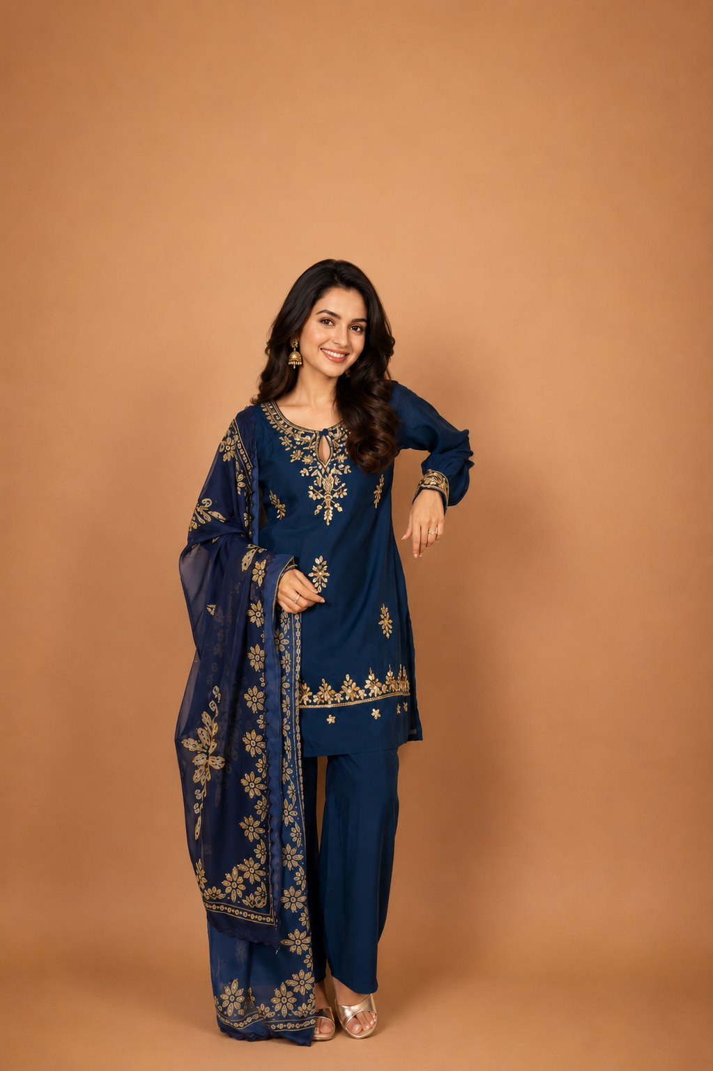 Printed Organza Dupatta in Navy Blue