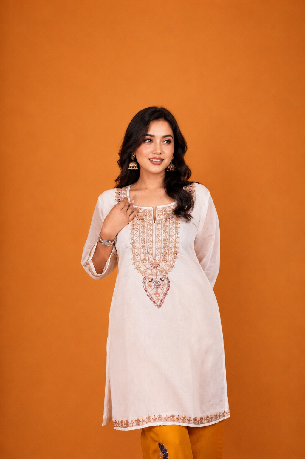 Mix Sequin Mul Chanderi Silk Embroidered Kurta Set - Ivory & Mustard