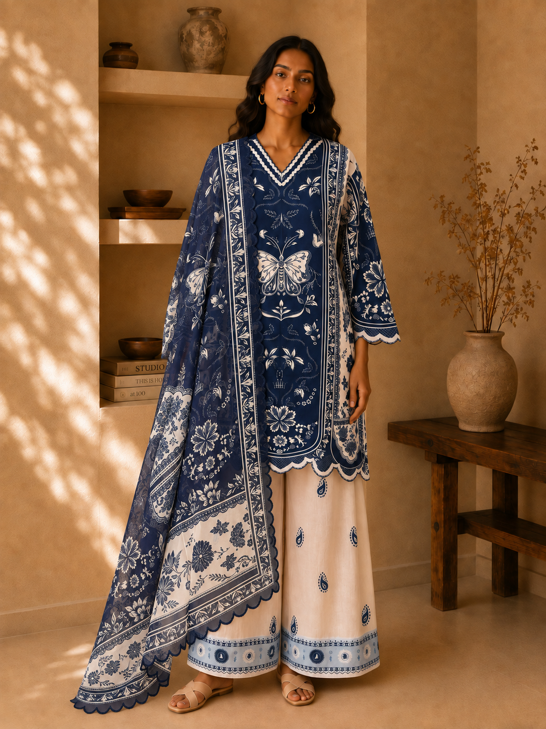 Printed Organza Dupatta in White with blue