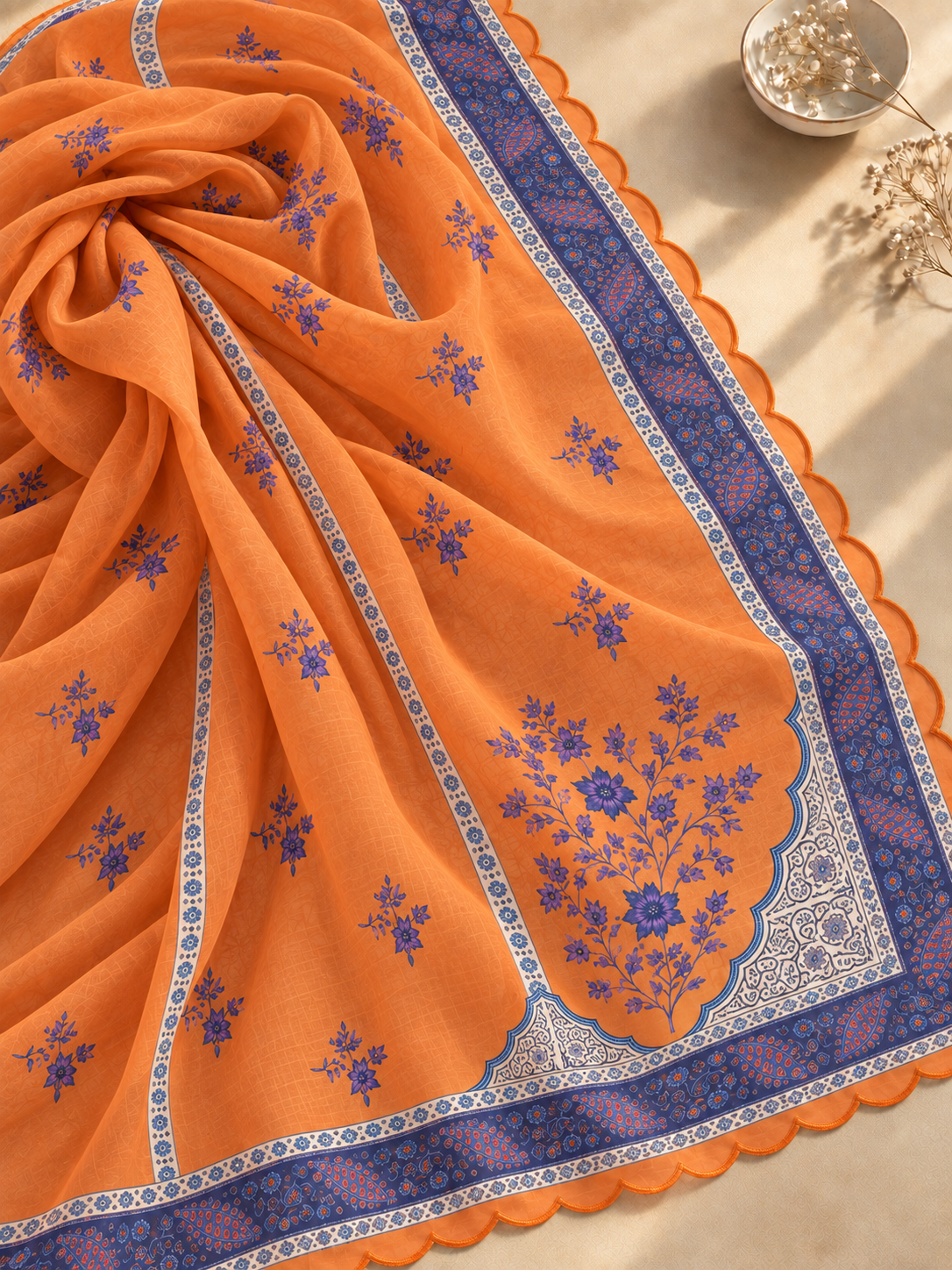 Printed Organza Dupatta in Apricot orange