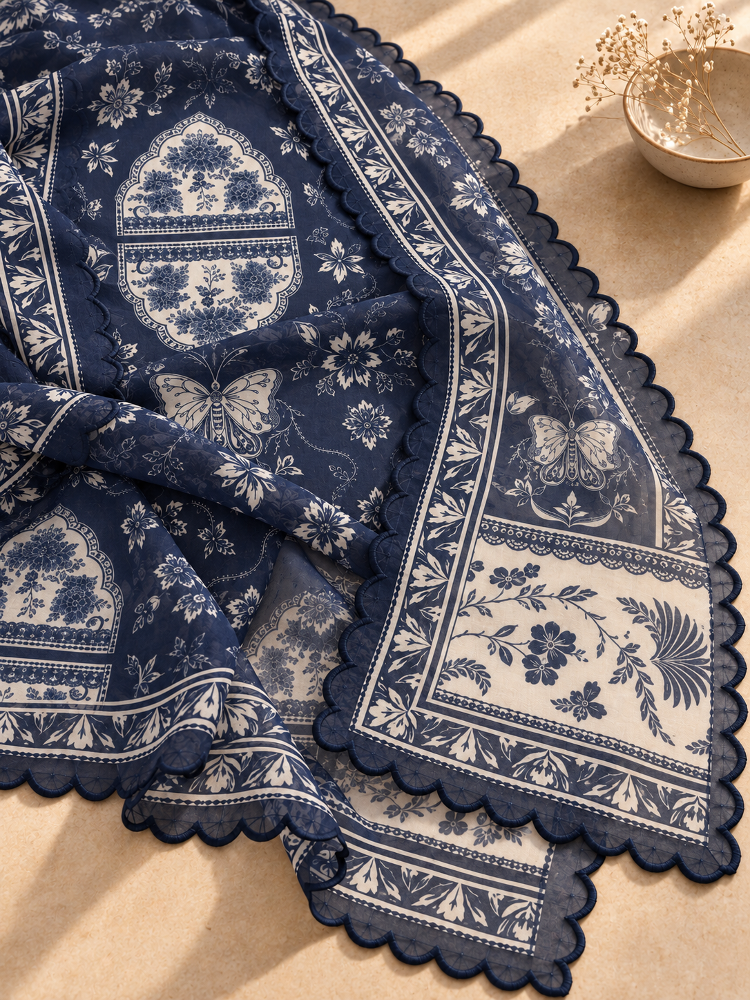 Printed Organza Dupatta in White with blue