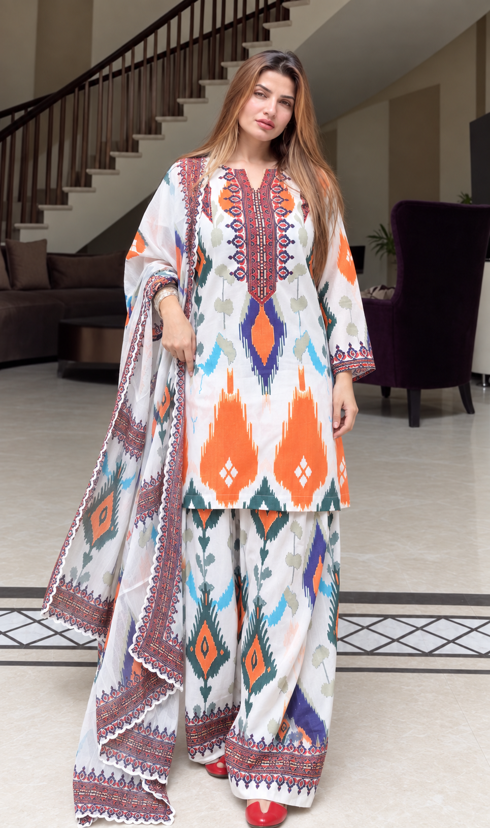 Gunnet in HOK in Grey Multicolour Ikat Printed Lawn Cotton Co-ord Set with Farsi Pants