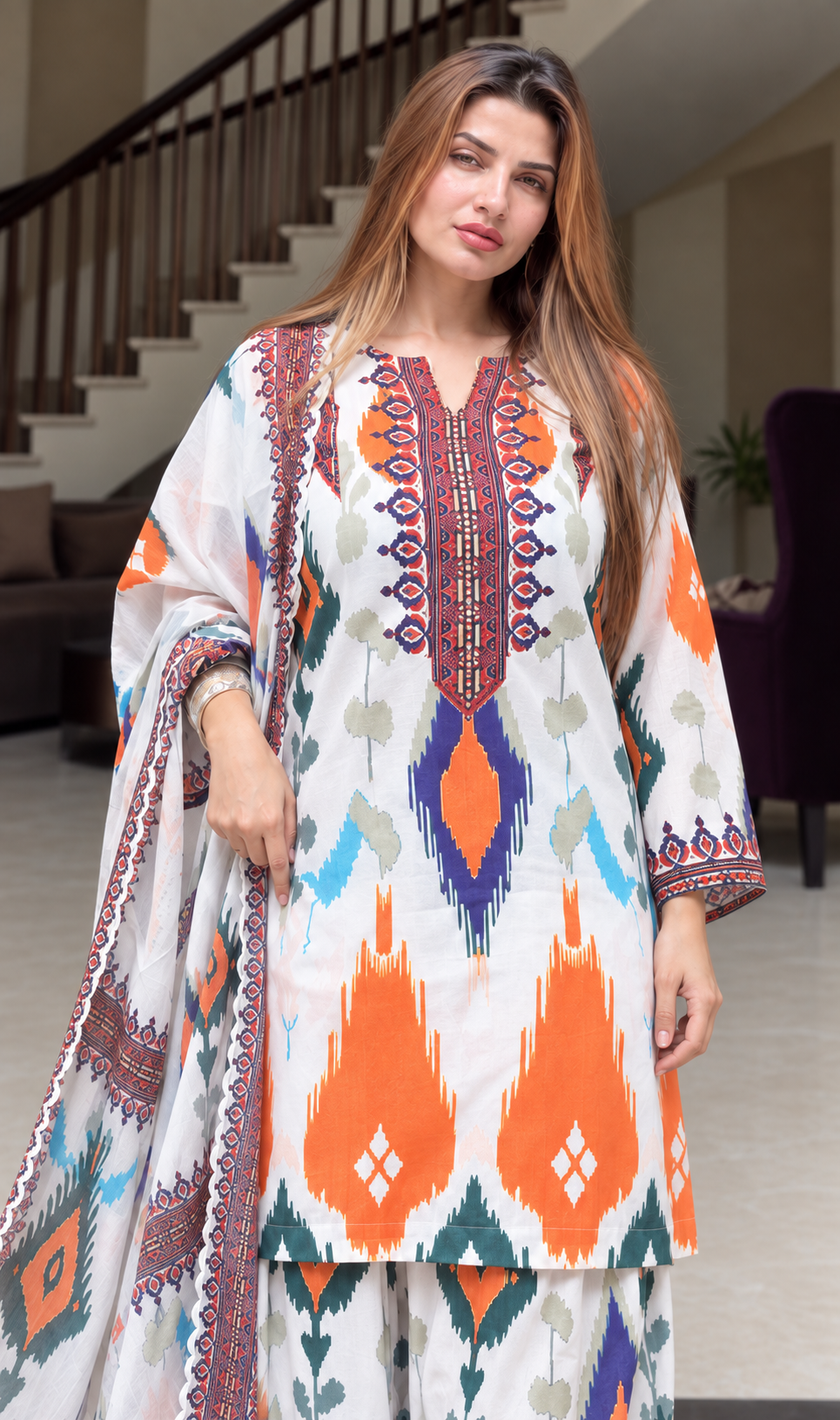 Gunnet in HOK in Grey Multicolour Ikat Printed Lawn Cotton Co-ord Set with Farsi Pants