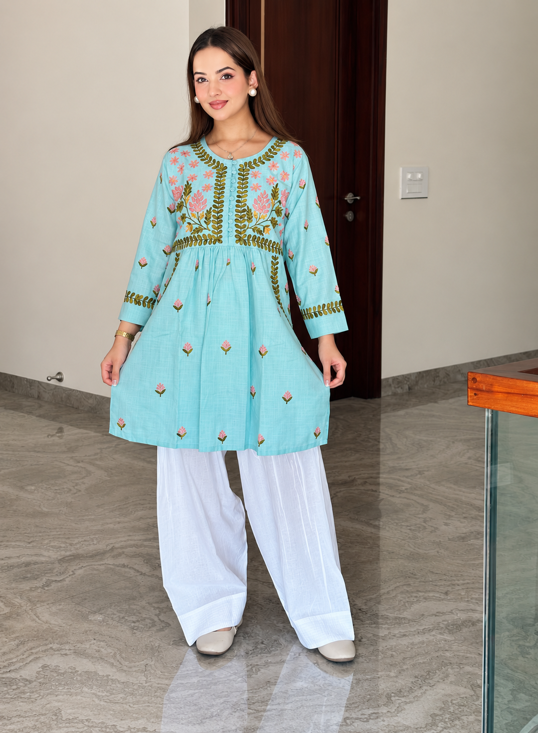 Bhavya in Kashmiri Short Kurta Round Neck - Sky Blue